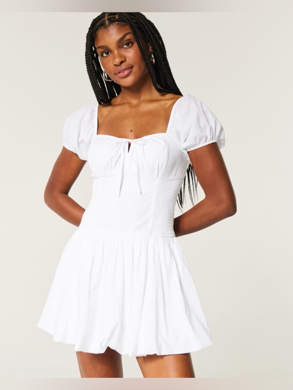 Hollister White Puff-Sleeve Mini Dress Size S Petite Built-in shorts Cottagecore